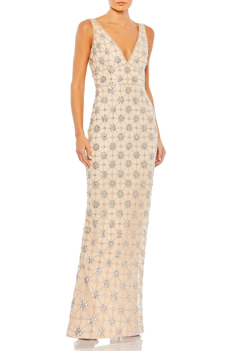 Sleeveless Hand Beaded V-neck Gown, Main, color, NUDE SILVER