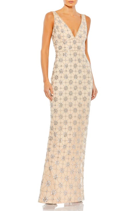 Sleeveless Hand Beaded V-neck Gown