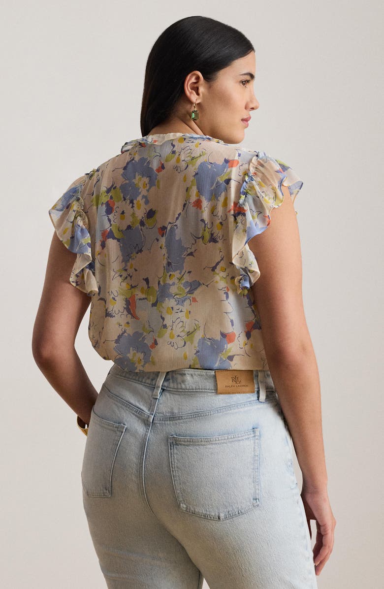 Lauren Ralph Lauren Floral Print Ruffle Trim Button-Up Top, Alternate, color, Blue/ Multi