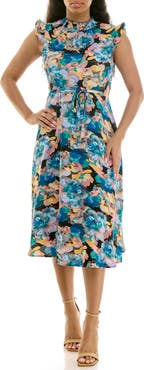 Nina Leonard Smocked Neck Tie Waist Midi Dress