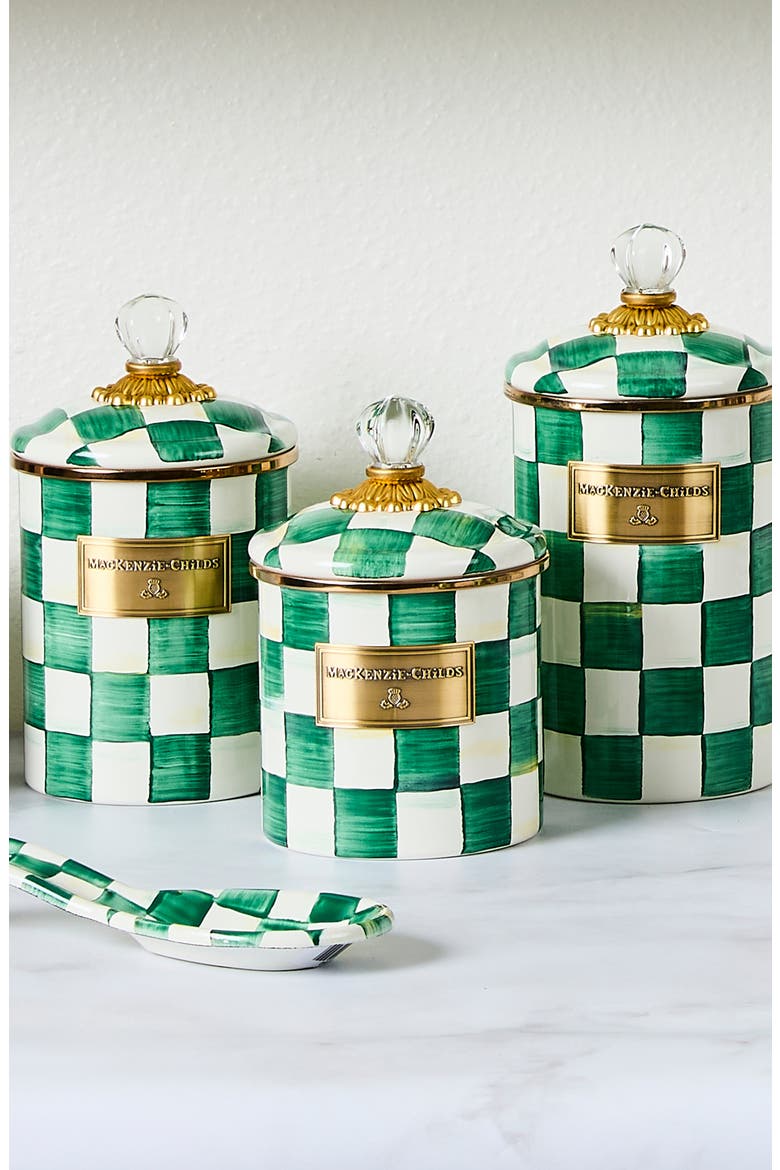 Emerald Check Small Enameled Steel Canister, Alternate, color, EMERALD