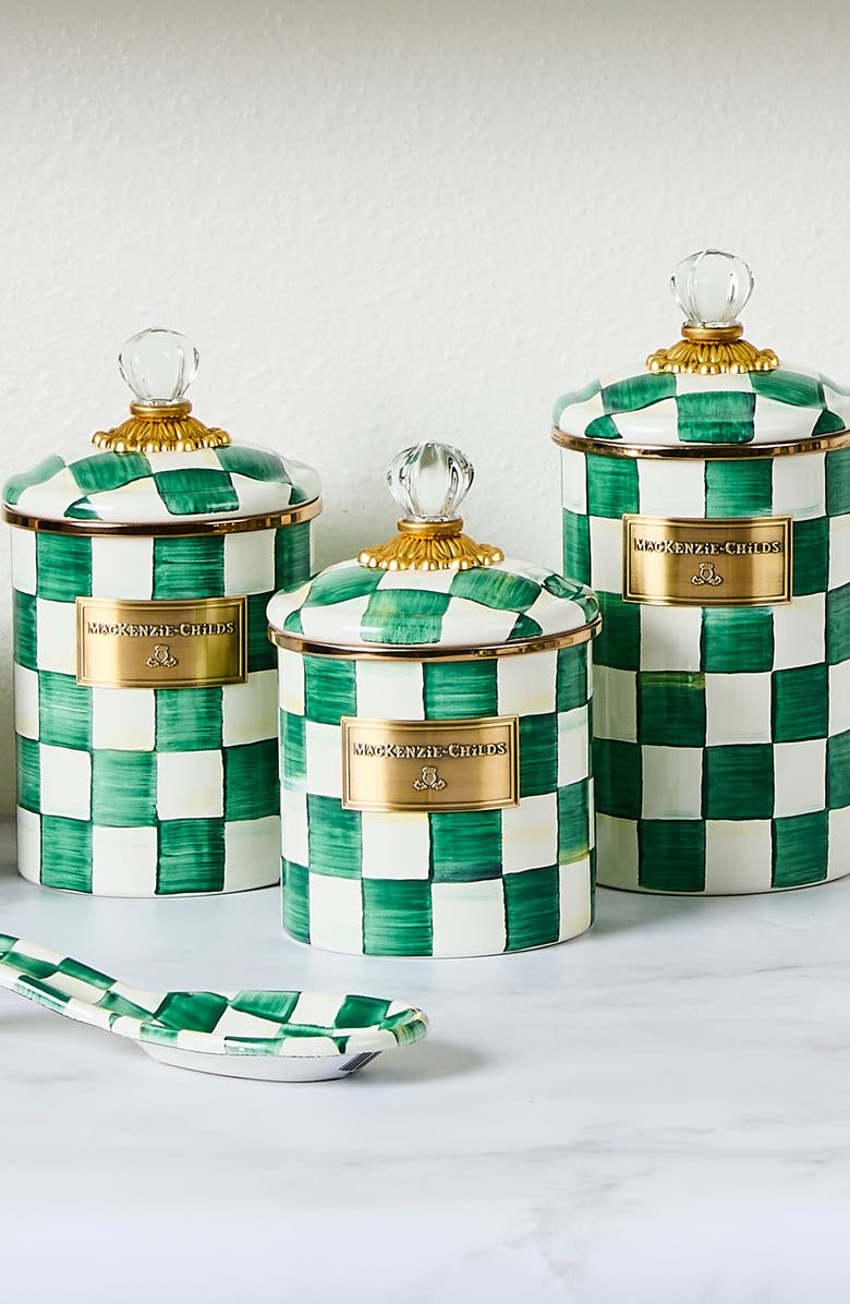MACKENZIE CHILDS Emerald Check Small Enameled Steel Canister, Alternate, color, Emerald