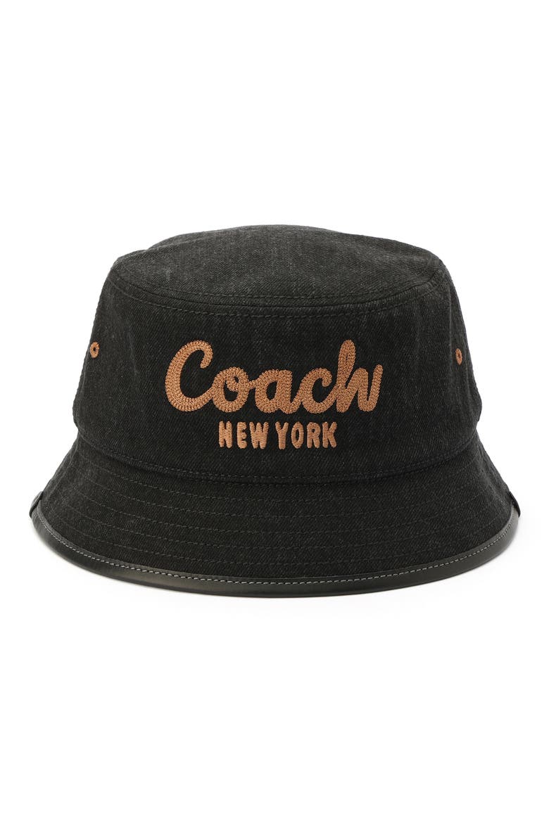 Embroidered Logo Denim Bucket Hat, Main, color, BLACK
