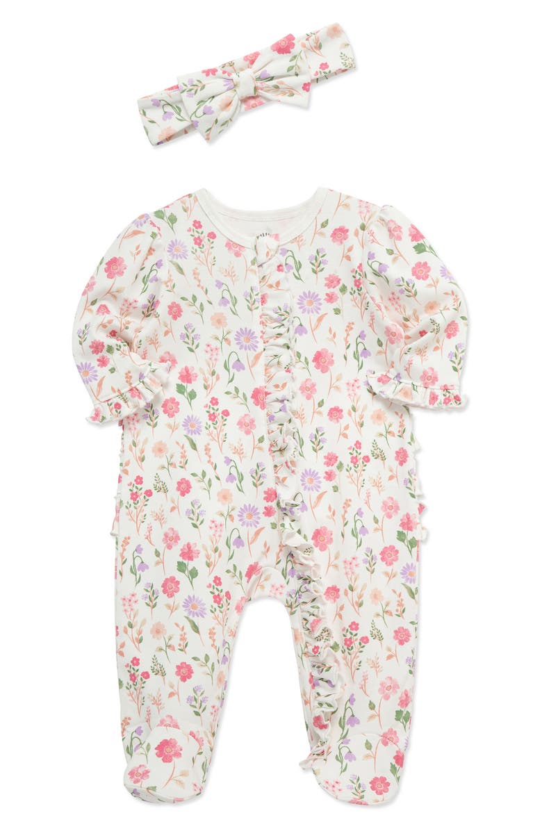 Little Me Meadow Garden Ruffle Cotton Footie & Headband Set, Alternate, color, Floral