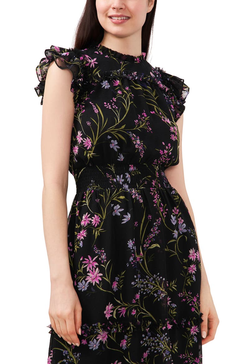 Floral Clip Dot Smocked Ruffle Midi Dress, Alternate, color, RICH BLACK