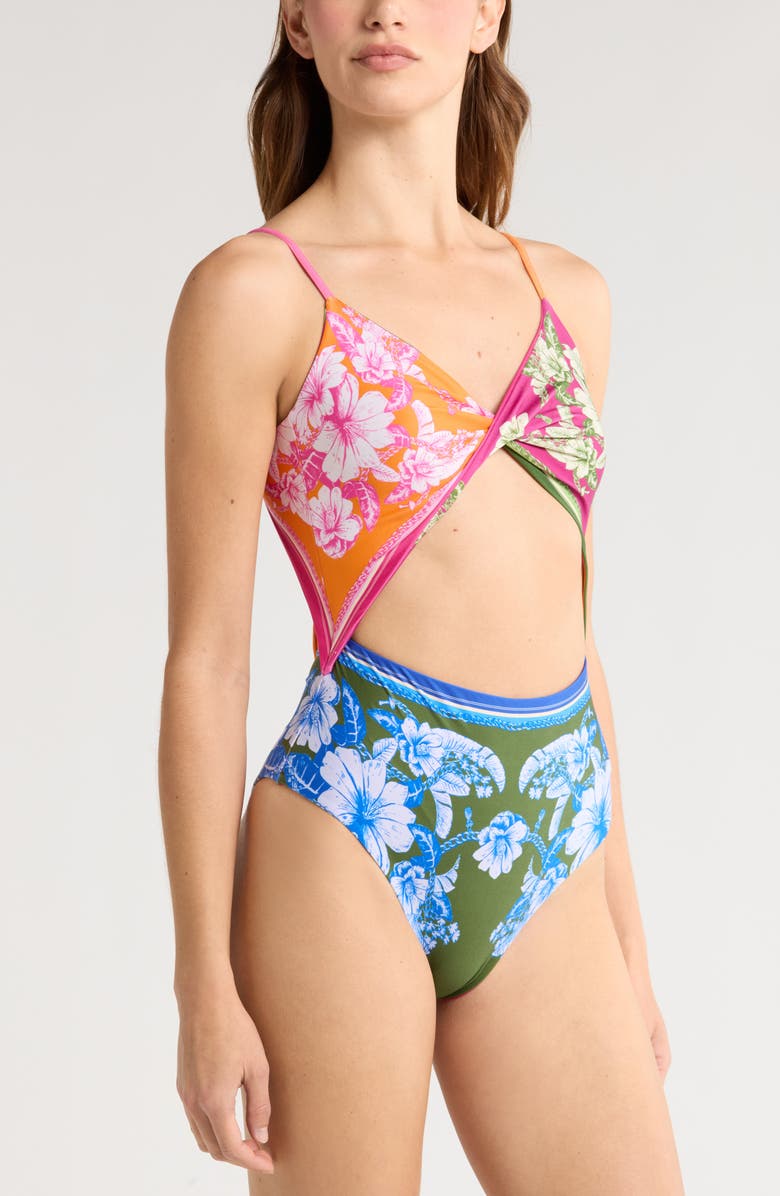 FARM Rio Floral Elegance Mixed Scarves Cutout One-Piece Swimsuit, Alternate, color, 