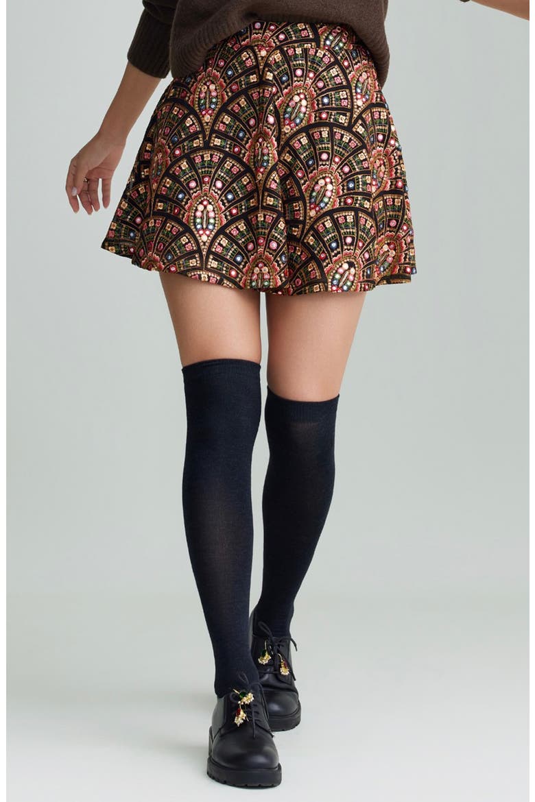Riley Embroidered Foil Miniskirt, Main, color, BLACK