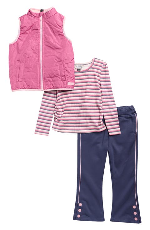 Kids' Ruched Top, Flare Pants & Quilted Vest Set