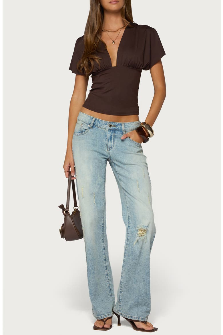 Flutter Plunging V-Neck Top, Alternate, color, DARK-BROWN