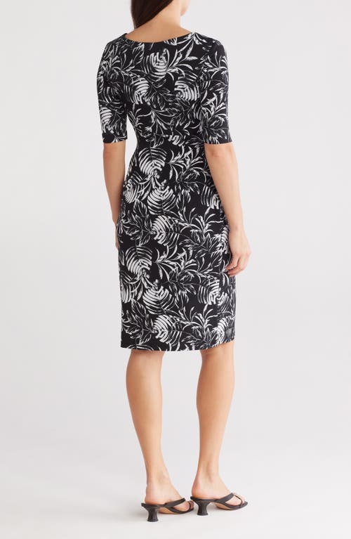 Connected Apparel Elbow Sleeve Faux Wrap Dress In Black