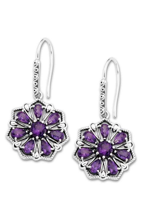 Sterling Silver Semiprecious Stone Flower Drop Earrings