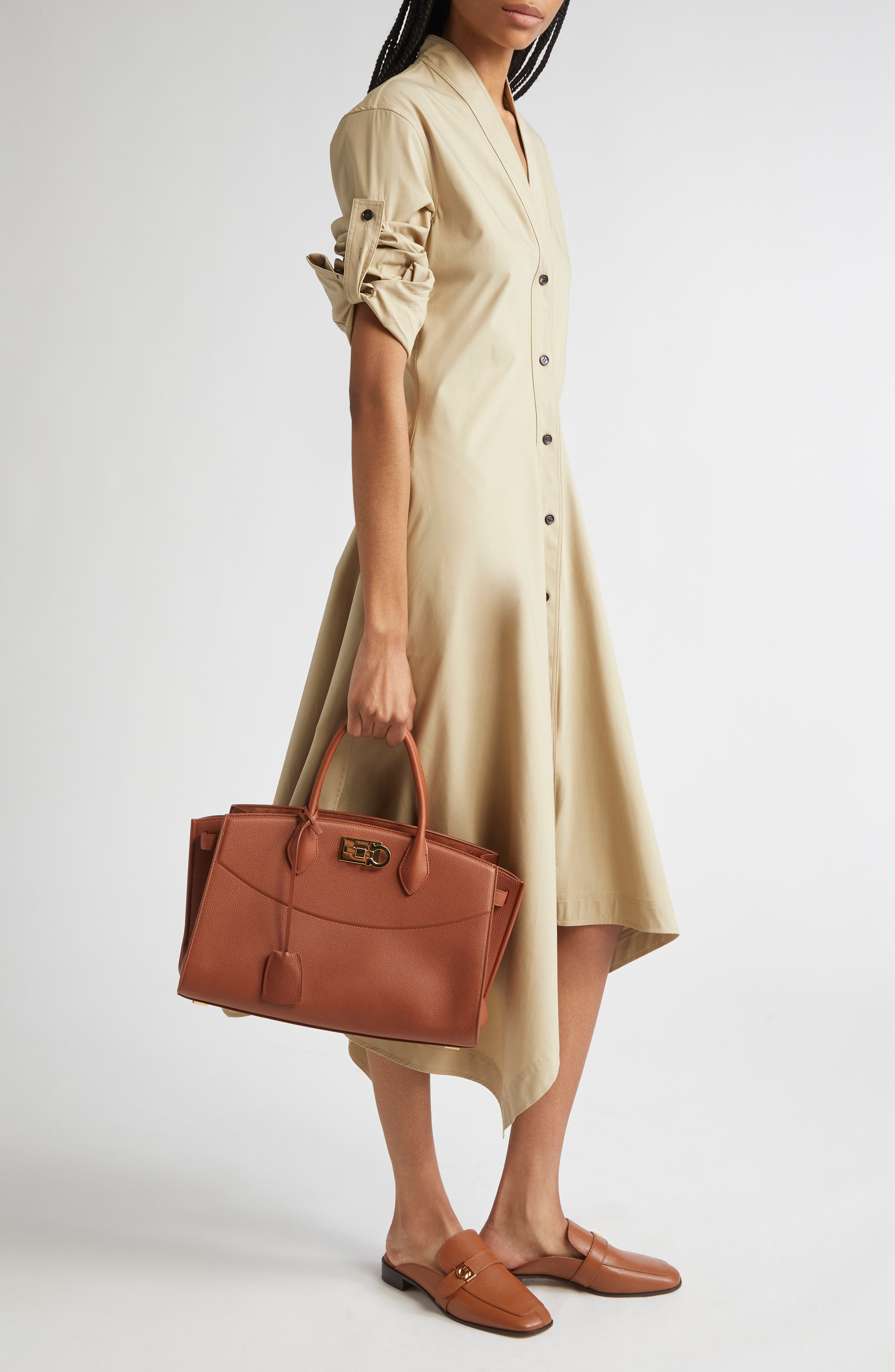 FERRAGAMO Medium The Studio Soft Leather Top Handle Bag, Alternate, color, New Cognac