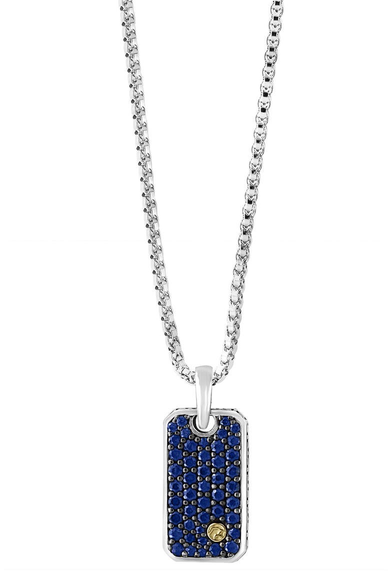 Sterling Silver & 18K Yellow Gold Pavé Sapphire Dog Tag Pendant Necklace, Alternate, color, BLUE