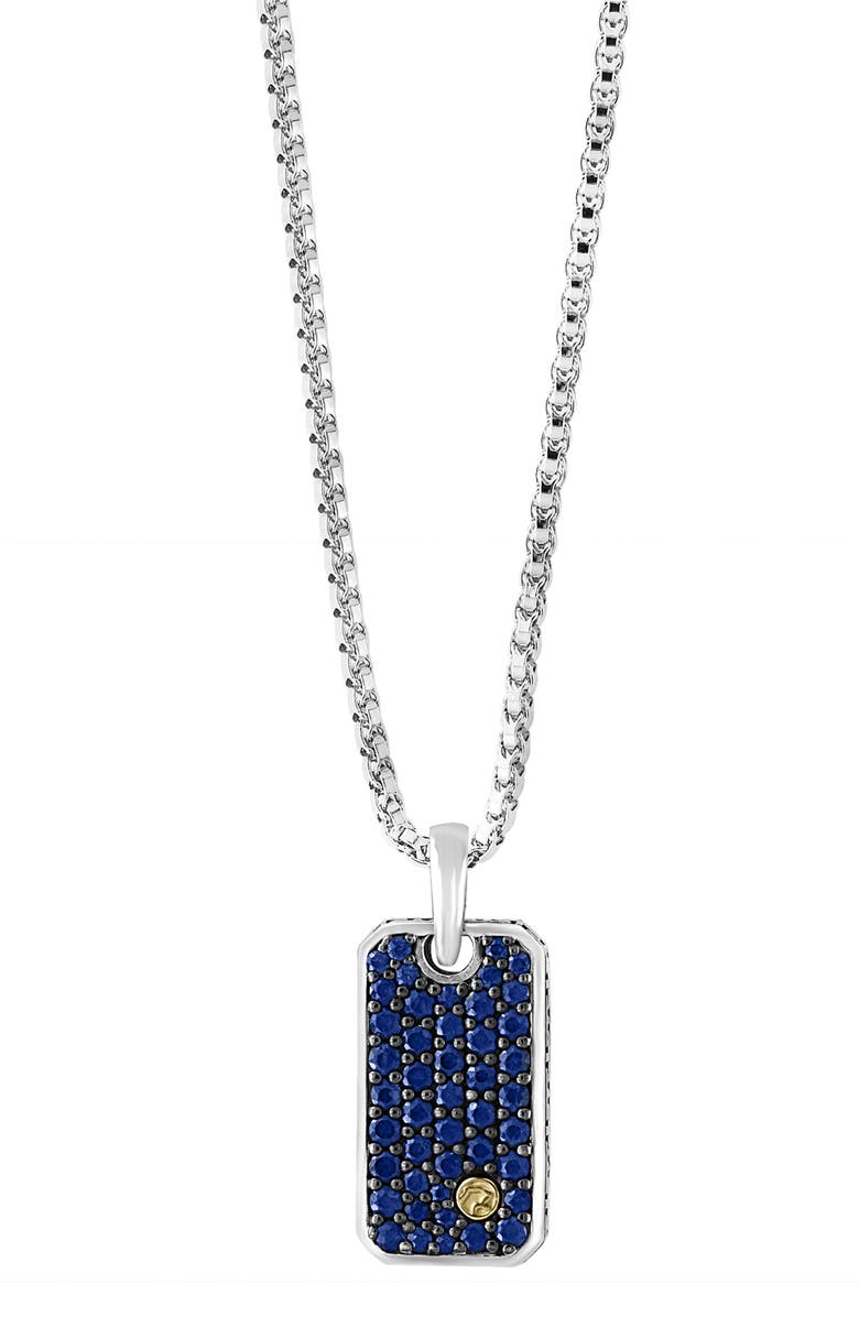 EFFY Sterling Silver & 18K Yellow Gold Pavé Sapphire Dog Tag Pendant Necklace, Alternate, color,