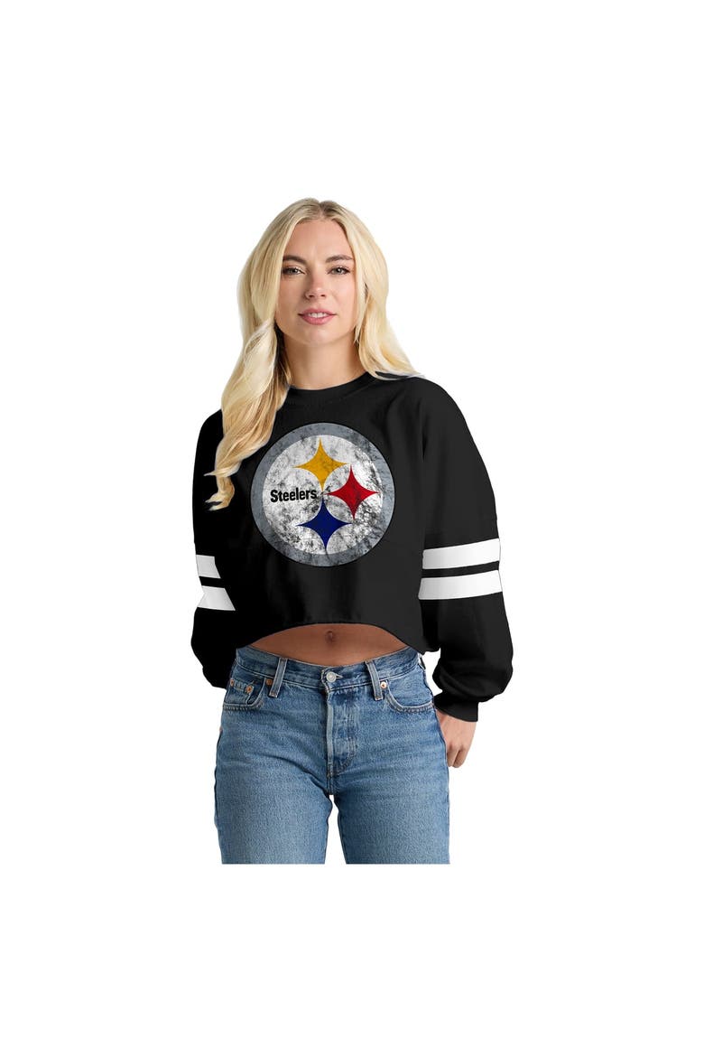 Women's Spirit Jersey  Black Pittsburgh Steelers Oversized Cropped Stripe Long Sleeve T-Shirt, Main, color, Black