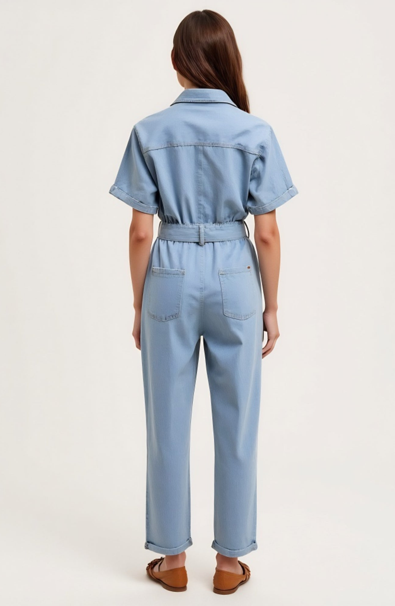 Modenaire Short Sleeve Button Front Tie Waist Rolled Cuff Denim Jumpsuit, Alternate, color, Light Blue