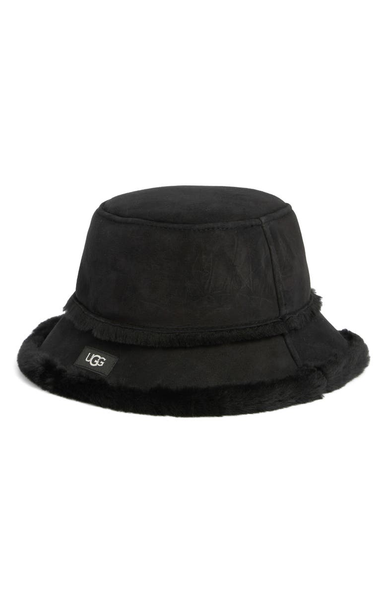 UGG<sup>®</sup> Sheepskin Genuine Shearling Trimmed Bucket Hat, Main, color, Black
