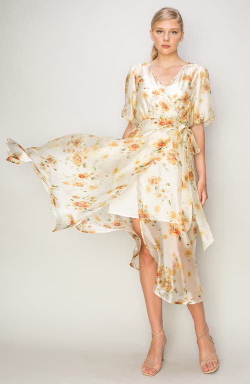 Melloday Floral Chiffon Midi Wrap Dress In Beige Golden Floral