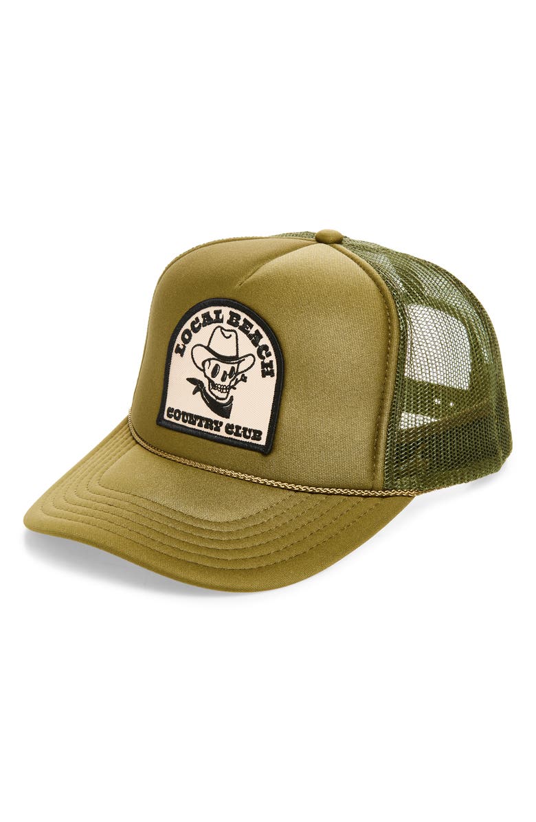 Local Beach Country Club Trucker Hat, Main, color, Dark Olive