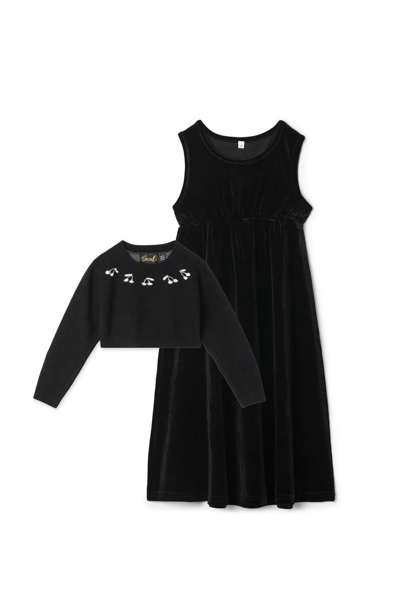Seal Cherry Slinky Velour Attached Knit Sweater Embroidered Neck Robe, Main, color, Black
