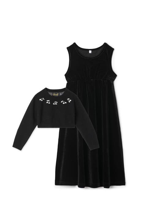 Cherry Slinky Velour Attached Knit Sweater Embroidered Neck Robe