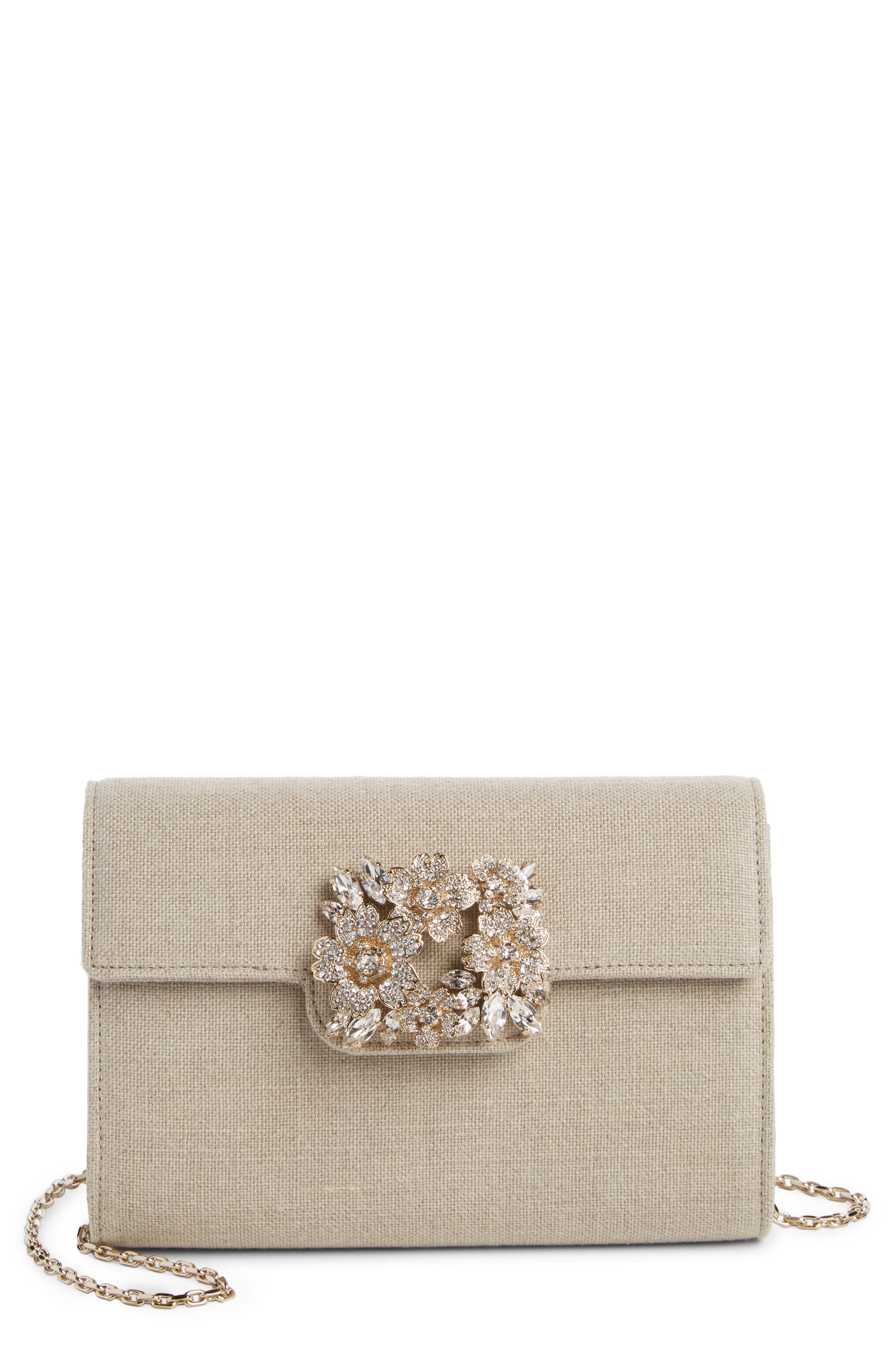 Roger Vivier Bouquet Strass Buckle Linen Mini Clutch, Main, color, 