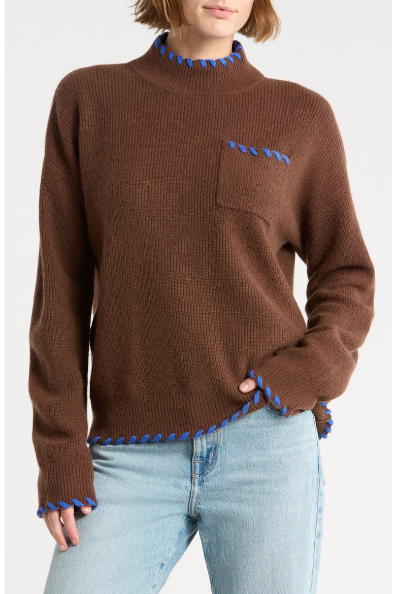 Whipstitch Mock Neck Wool & Cashmere Sweater, Main, color, COFFEE BROWN W/ BLUE CINEMA