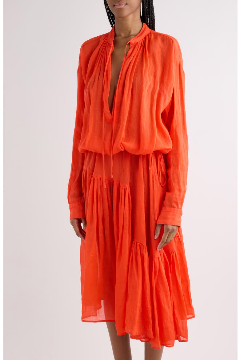 Long Sleeve Ramie Mousseline Split Neck Dress, Alternate, color, RED
