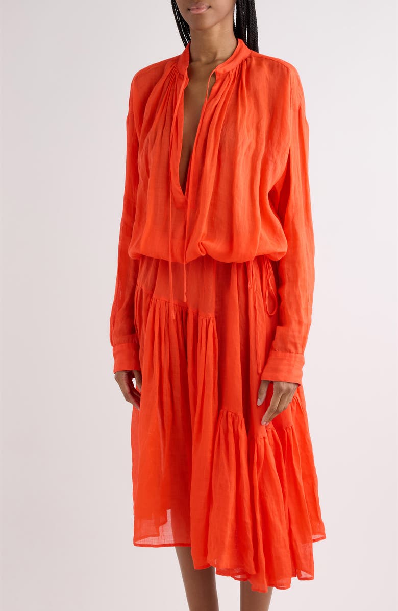 Dries Van Noten Long Sleeve Ramie Mousseline Split Neck Dress, Alternate, color, Red