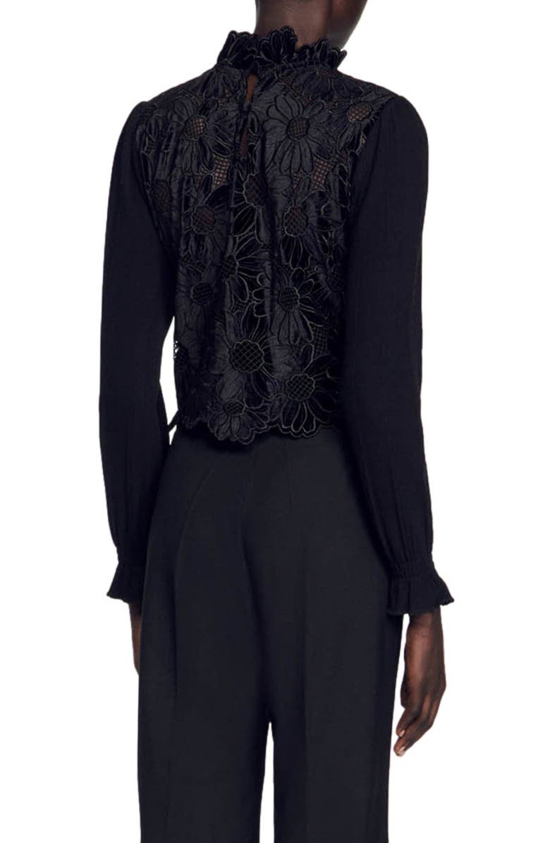 SANDRO May Floral Guipure Lace Mock Neck Velvet Top, Alternate, color, 