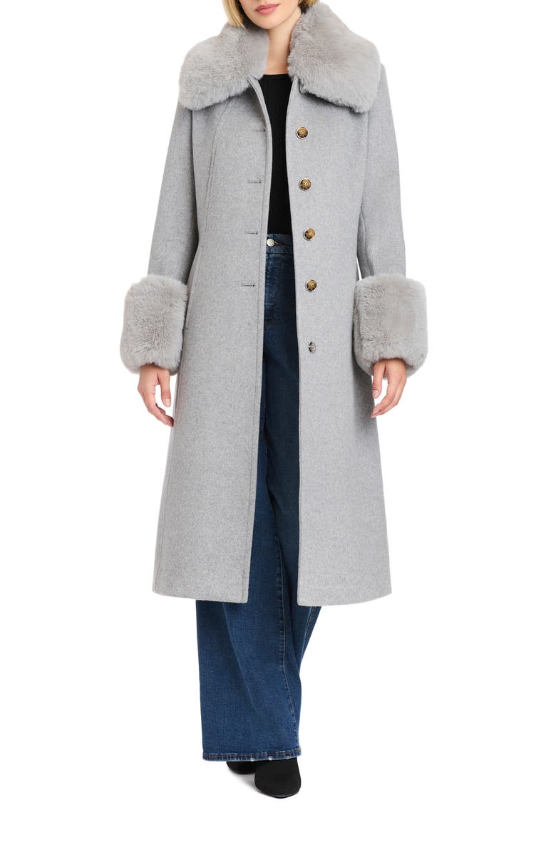 Vince Camuto Single Breasted Coat with Removable Faux Fur Collar & Cuffs, Alternate, color, Grey