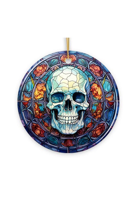 Ghastly Grin Skull Stained Glass Style Ceramic Ornament