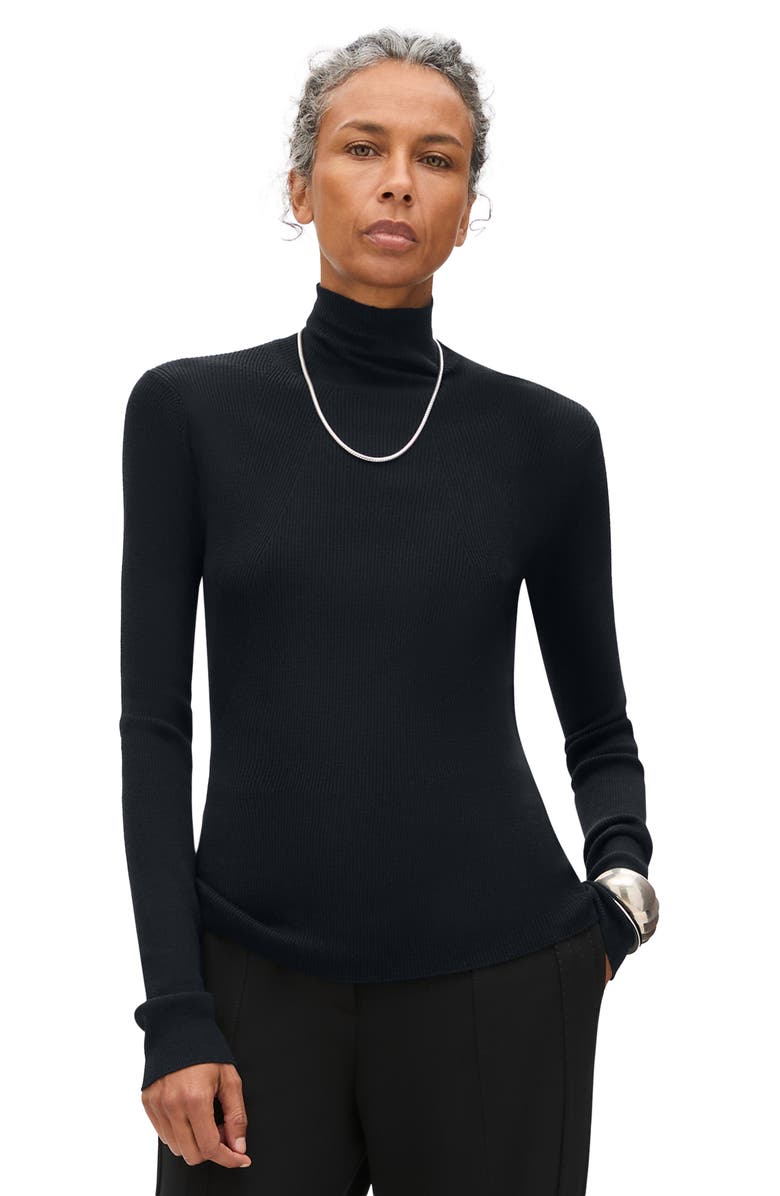 Another Tomorrow Rib Knitwear Turtleneck, Main, color, Black