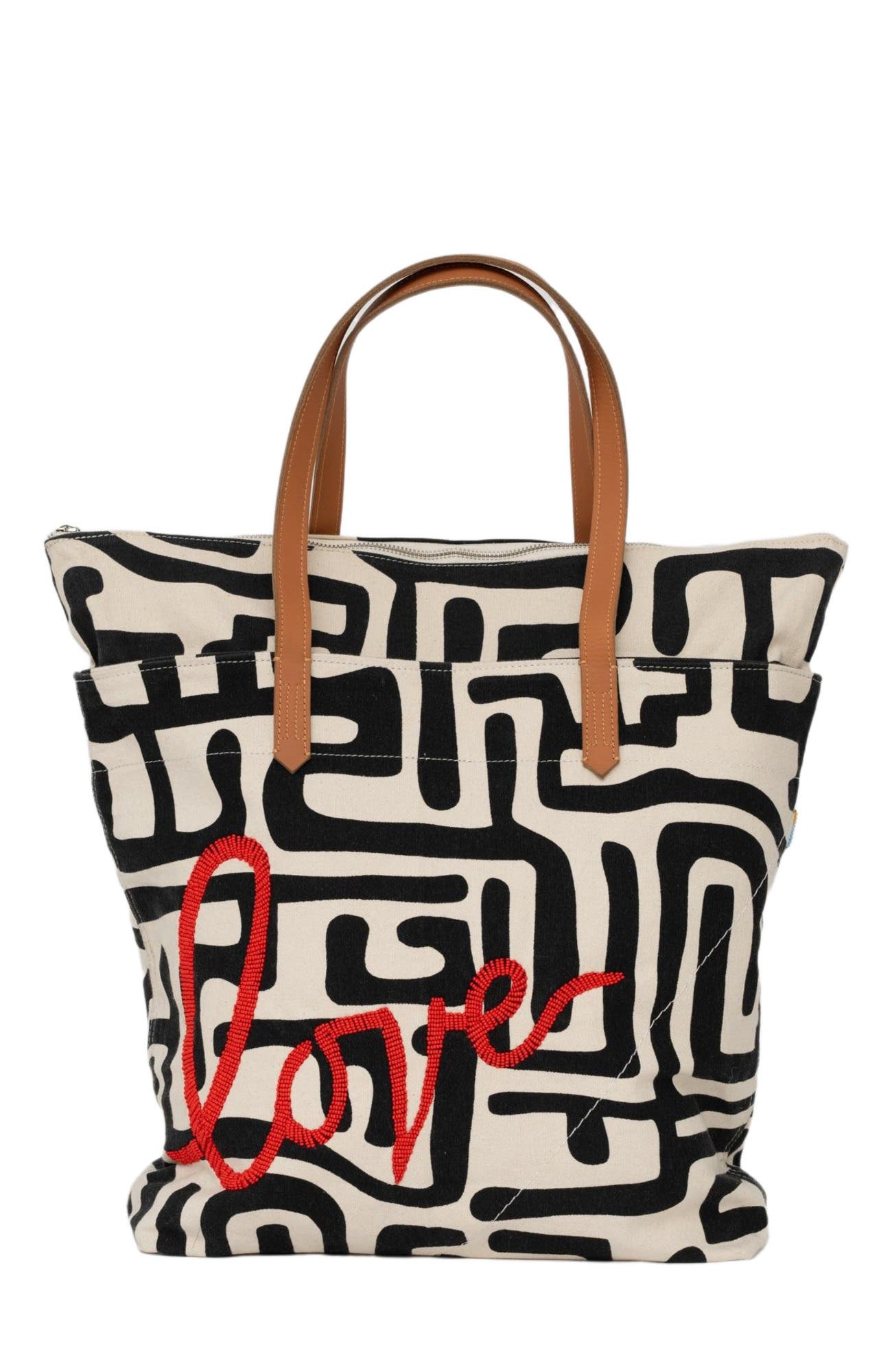 Ubuntu Life Go-To Tote with Beaded Red Love, Alternate, color, Black Kuba