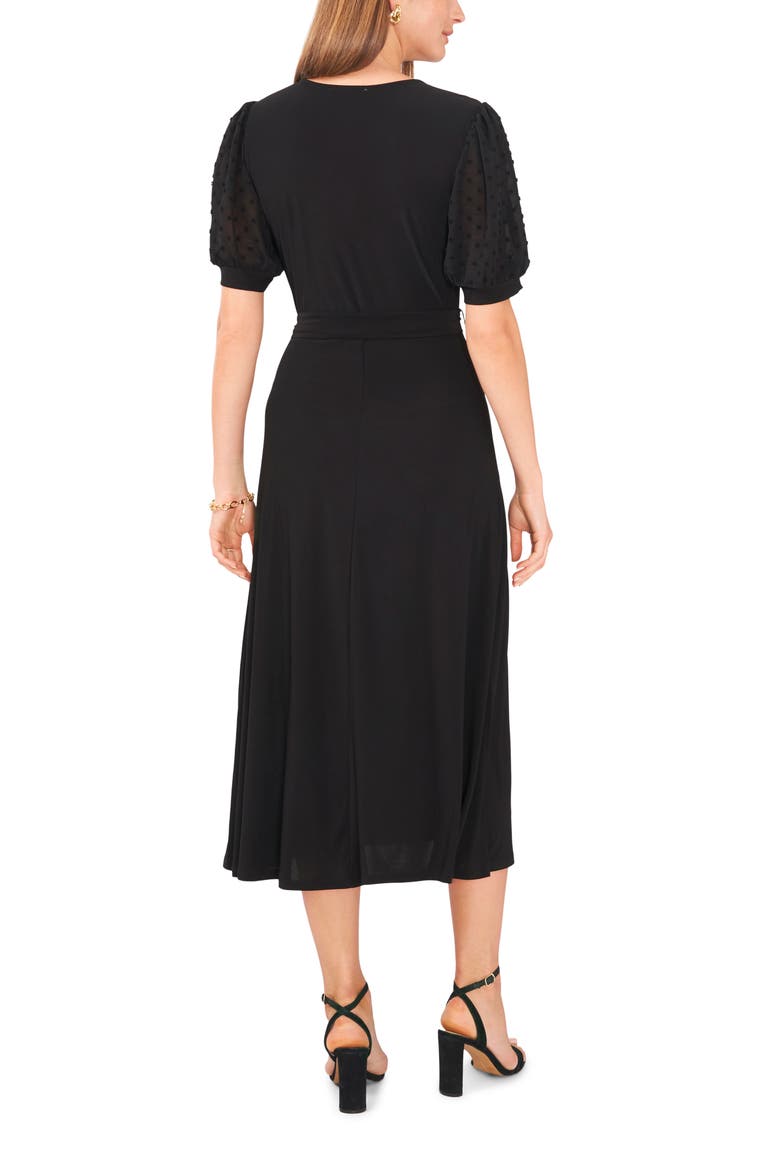Clip Dot Puff Sleeve Tie Front Midi Dress, Alternate, color, BLACK