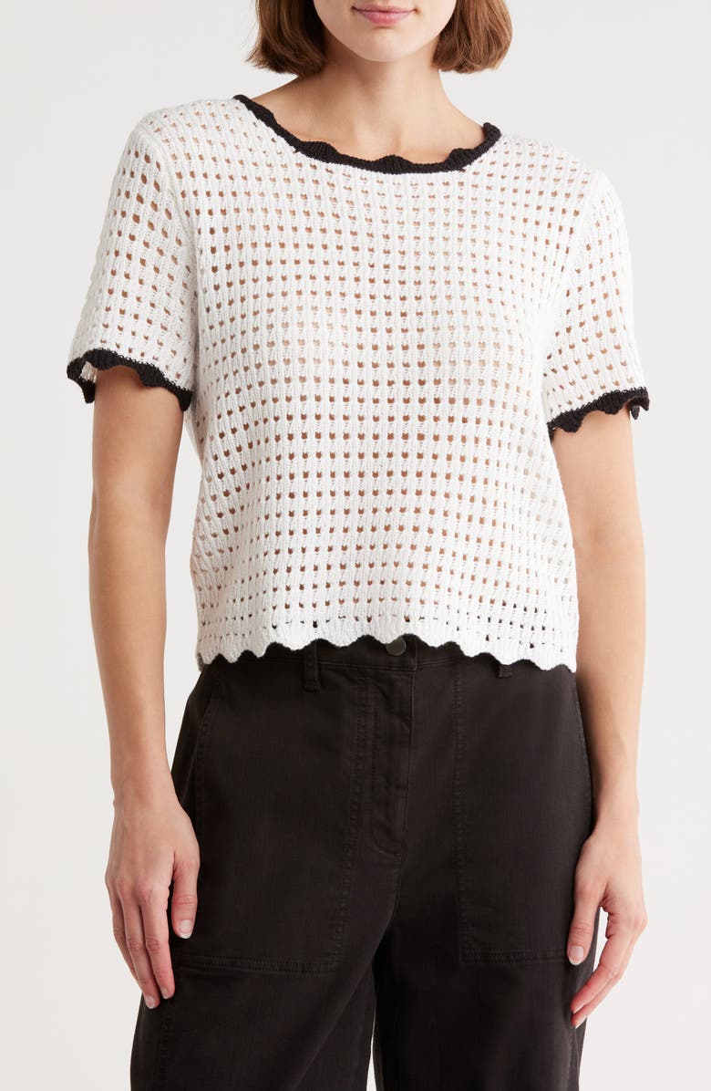 RDI Short Sleeve Open Stitch Sweater, Main, color, White/ Black