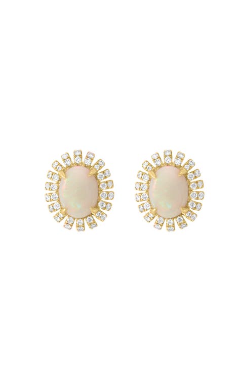 14K Yellow Gold Opal Diamond Halo Stud Earrings