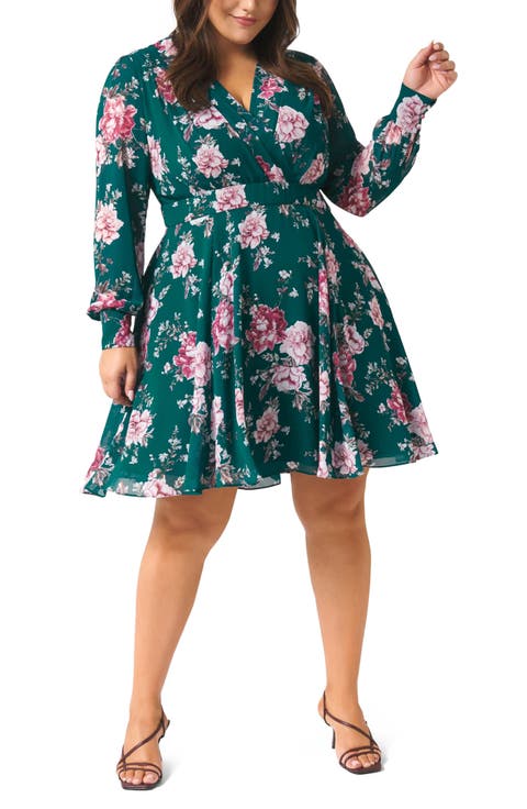 Freya Floral Long Sleeve A-Line Dress (Plus Size)