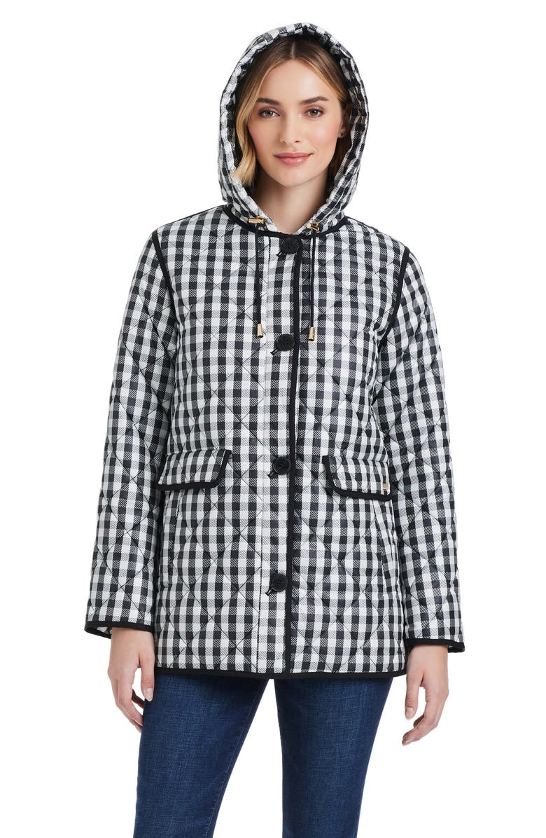 Kate Spade New York spade flower water resistant gingham quilted jacket, Alternate, color, Gingham Field Small