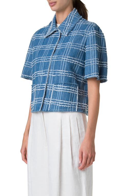 Akris Punto Fringed Check Denim Short-sleeve Shirt Jacket In Medium Blue Denim