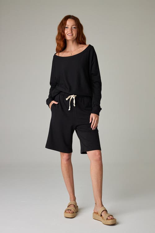 Eavolu Baikal Eco-luxe Fleece Off-shoulder Crop Top In Black