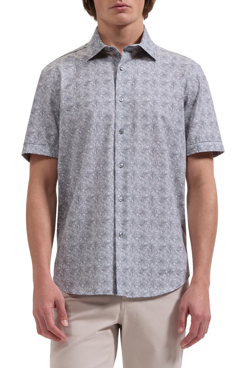 Miles OoohCotton® Leaf Print Short Sleeve Button-Up Shirt, Main, color, SHARK