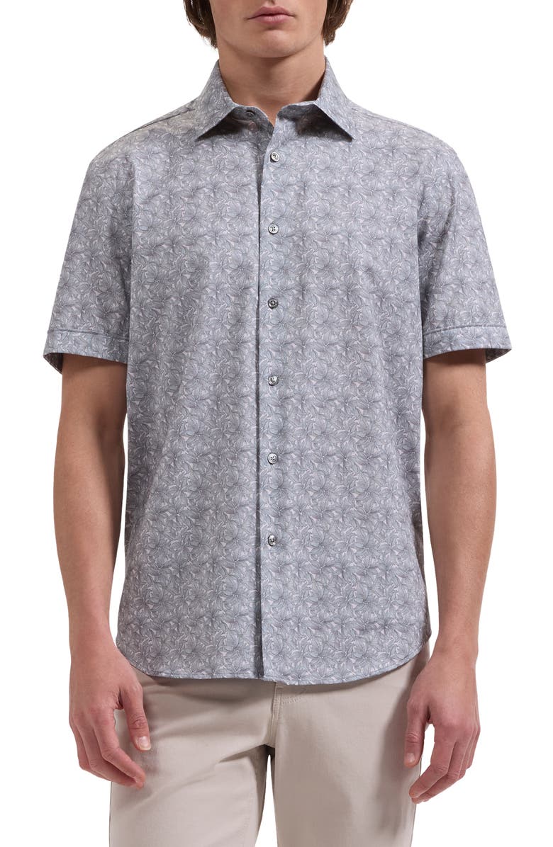 Bugatchi Miles OoohCotton<sup>®</sup> Leaf Print Short Sleeve Button-Up Shirt, Main, color, Shark