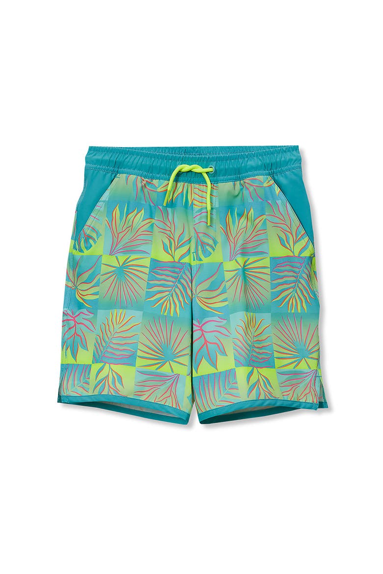 Boys Stretch Hydroliner Sport Swim Trunk, Main, color, Palm Check/Teal/Lime