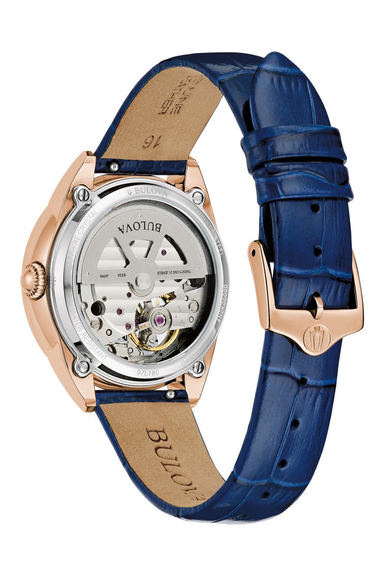 Sutton Automatic Leather Strap Watch, 34.5mm, Alternate, color, BLUE/ ROSE GOLD-TONE