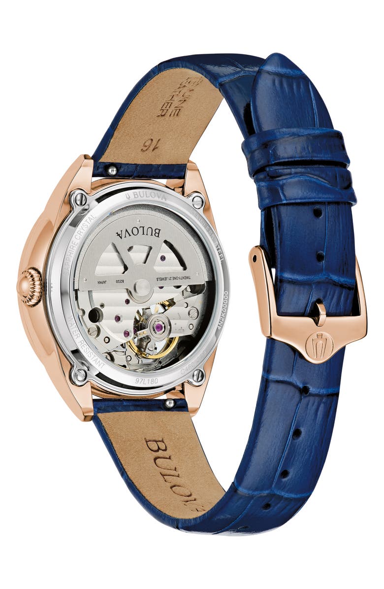 BULOVA Sutton Automatic Leather Strap Watch, 34.5mm, Alternate, color, Blue/ Rose Gold-Tone