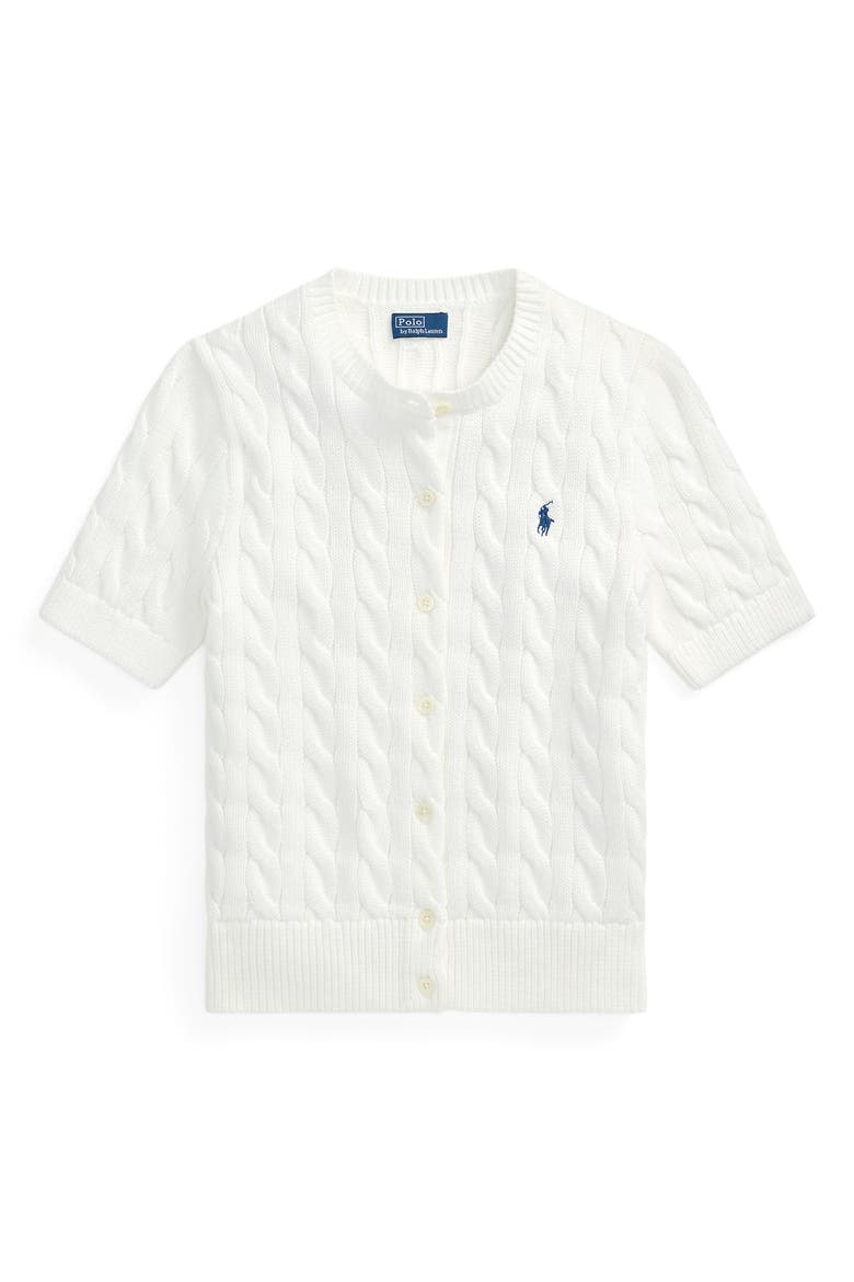 Cable Knit Short Sleeve Cotton Cardigan, Alternate, color, WHITE