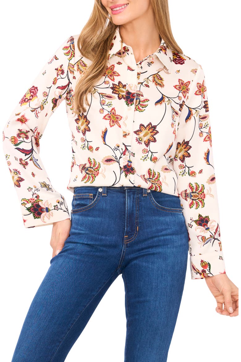 Floral Border Print Satin Button-Up Shirt, Main, color, BUTTERCREAM