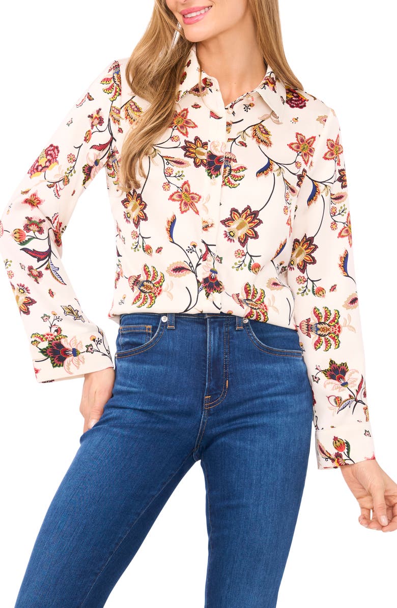 CeCe Floral Border Print Satin Button-Up Shirt, Main, color, Buttercream