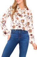 CeCe Floral Border Print Satin Button-Up Shirt